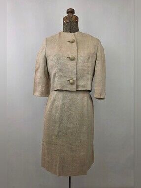 Vintage 1960's Women's Beige Rayon 2-Piece Wiggle Dress & Jacket Suit Set XS
